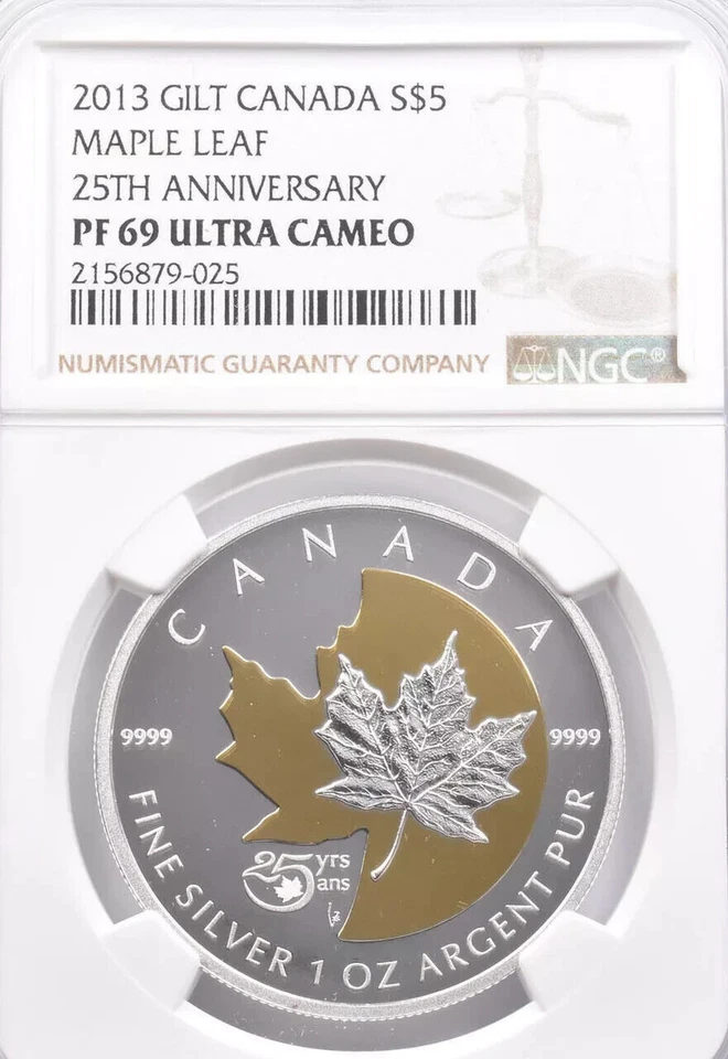 Canadá 2013 $5 1 oz plata .9999 hoja de arce dorado 25 aniversario PF69 NGC Foto 1 de 2