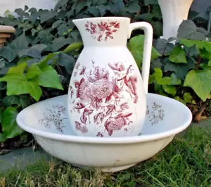 Victorian Antique Wash Basin Pitcher Ironstone Ceramic Set Floral Bath Cracked - Picture 1 of 12