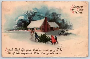 Postal Feliz Año Nuevo Familia Trayendo a Casa Árbol Clapsaddle Wolf Publishing AP7 - Imagen 1 de 2