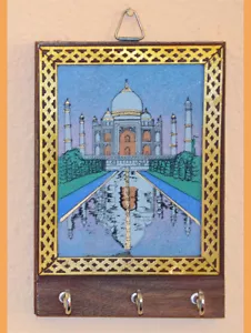Llavero de pared de madera pintura de piedras preciosas Taj Mahal con tres ganchos de la India - Imagen 1 de 4