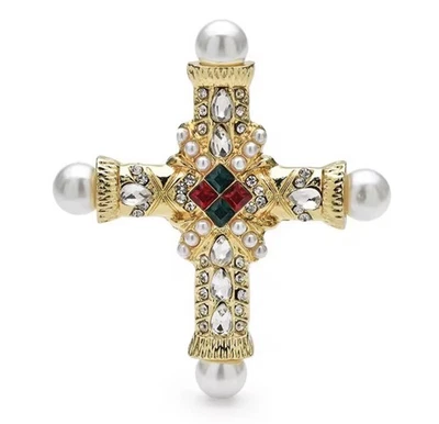 Cruz Piedras Perlas Oro Prendedor Broche Palacio Declaración Moda Joyería NUEVO Foto 1 de 4