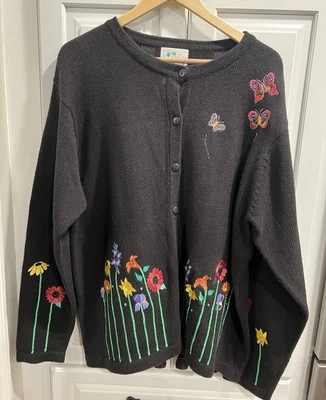 The Quacker Factory Cotton Blend Cardigan Sweater Floral Butterflies Size 1X - Image 1 of 4