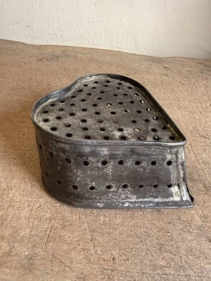 Antique Handmade Tin Cheese Mold Drain Heart Form Patina Rolled Edges - Image 1 of 4