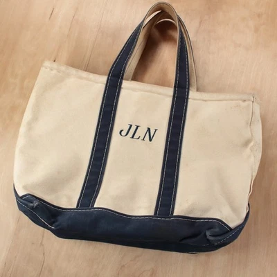 LL BEAN Bolso de Mano y Barco de Lona Borde Azul Marino 12.5 x 11 x 6 De Colección Años 90 EE. UU. Preparación Playa Foto 1 de 4