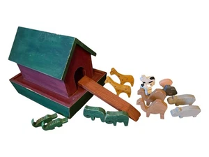 Vintage Large Folk Art Primitive Hand Made Wood Noah's Ark With Carved Animals - Picture 1 of 24