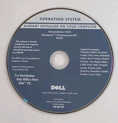 Microsoft Windows 7 Professional SP1 32 Bit DELL Reinstallation DVD Disk - Image 1 of 3