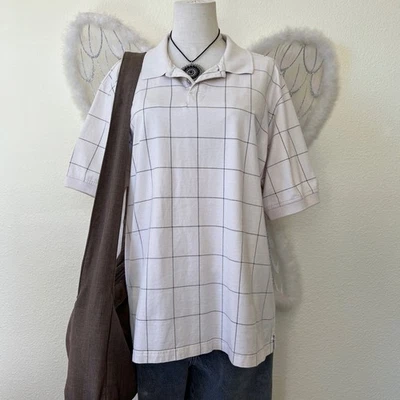 Indie Skater Grunge Plaid Oversized Shirt Polo Short Sleeve Dad Beige Black L - Image 1 of 4
