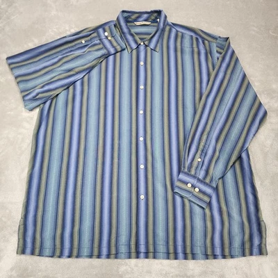 Camisa Tommy Bahama Para Hombre 2XL Azul Verde 100% Seda Rayas Abotonada Manga Larga Foto 1 de 4