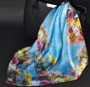Bufanda cuadrada pequeña 100 % seda 20" para mujer pañuelo envolvente floral amarillo azul MY160 - Imagen 1 de 2