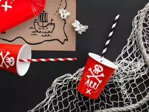 Pirate Party Cups x6 - Red Paper Pirates Party Cups - Birthday Party Tableware - Picture 1 of 6