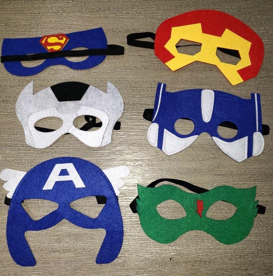 6 SUPER HERO FACE EYE MASKS FELT boys HALLOWEEN PRETEND PLAY super condition! - Image 1 of 1