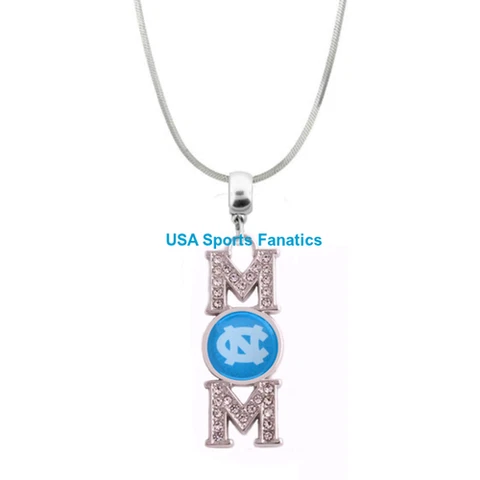 NCAA - UNC Tar Heels MOM Necklace With Rhinestones On A 925 SS Snake Chain Cover