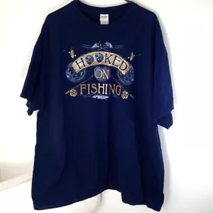 Hooked on Fishing T-shirt Shirt Blue Gildan 100% Cotton Size 3XL - Picture 1 of 6