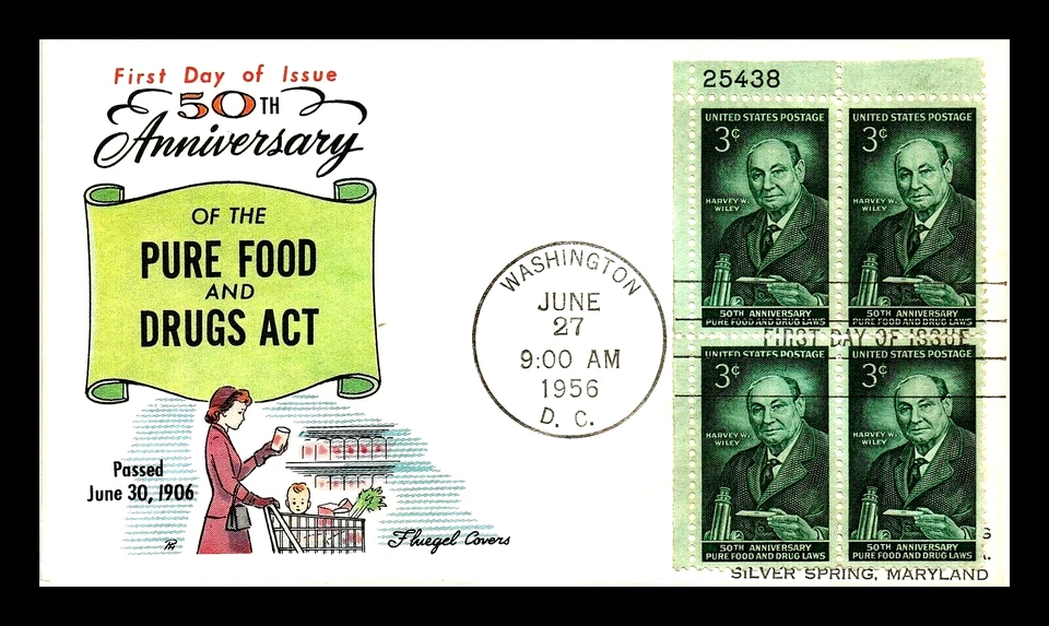 1080 3c Stamp (1956) PURE FOOD & DRUGS ACT FDC - CAPTAIN FLUEGEL - PLATE BLOCK - Image 1 of 1