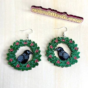 Raven Wreath Earrings - Spooky Christmas Holiday Party Jewelry - Gothmas - Picture 1 of 5