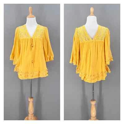MIGUELINA X BERGDORF GOODMAN Peasant Top Womens XS Saffron Yellow Gauze Crochet - Image 1 of 4