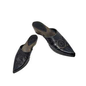 Matisse Black Leather Upper Slip-On Mules Sz 8 Cutout Carved Wood Pointy Western - Picture 1 of 11