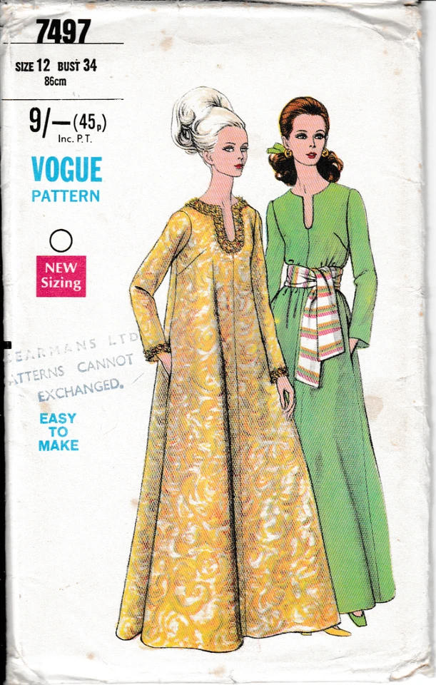 1968 Vintage Vogue Sewing Pattern 7497 Evening Kaftan Caftan B34 Full Length UC - Image 1 of 1