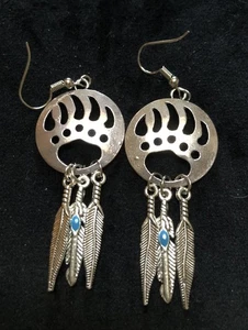Southwest Silver Tone  Bear Claw & Feather Earrings Wire Hooks 2” Long New! - Picture 1 of 5