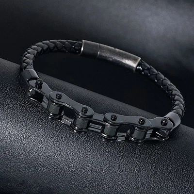 Pulsera Cadena Bicicleta Punk Cuero Tejido Metal Hebilla Rock Motocicleta Hombres Joyería Foto 1 de 4