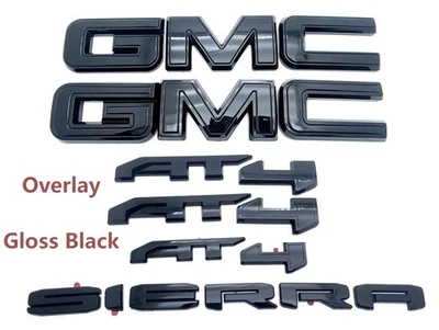 2019-2026 GMC Sierra Front & Rear and AT4 OVERLAY Emblems kit Gloss BLACK - Image 1 of 3