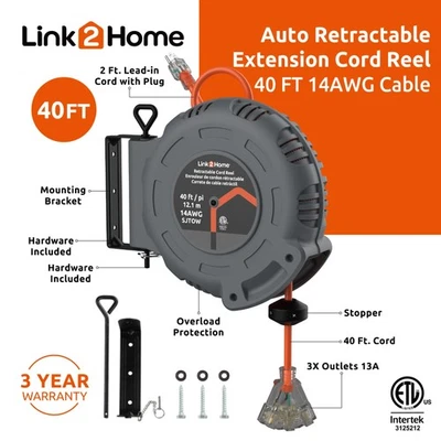 Link2Home 40 Ft. Auto Retractable Extension Cord Reel with 3 Grounded Outlets