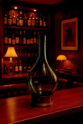 Demijohn verde soplado a mano vintage de mediados de siglo con soporte de latón y madera artesanal Foto 1 de 4