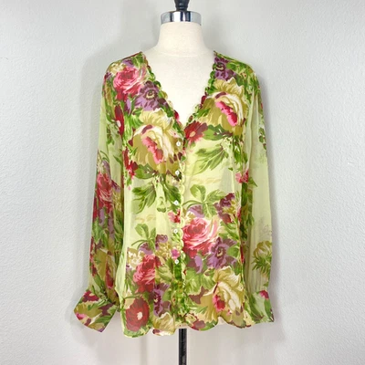 Soft Surrounding Chartreuse Floral Blouse XL Button Front Long Sleeves V-Neck - Image 1 of 4