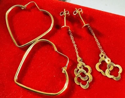 Juego de pendientes colgantes y corazón de oro amarillo real puro fino 750 de 18 quilates (2) 5,3 g Foto 1 de 4