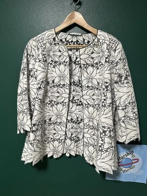 Peter Nygard Blazer Cutout Floral Black White Orchids Linen Whimsy Funky Mod M L - Image 1 of 4