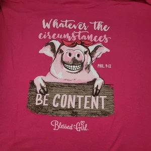 Blessed Girl T-Shirt Large Pink Pig Graphic Christian Tee Philippians 4:11 - Picture 1 of 9