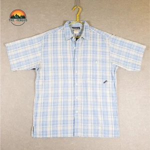 Vintage PATAGONIA Button Up Blue Shirt Puckerwear Seersucker Short Sleeve Mens L - Picture 1 of 8