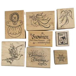 Sammlung von 8 Vintage 1990’s Holz montiert Gummi Weihnachten Basteln Stempel. - Bild 1 von 1
