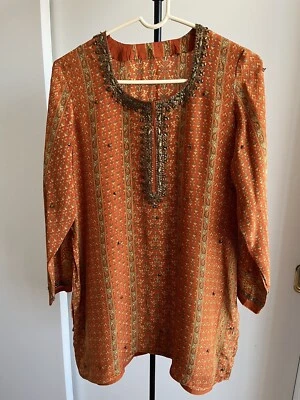 Nueva Blusa Túnica 100% Seda Crepé Estilo RITU KUMAR Top Kurta Naranja Dorado Lentejuelas M Foto 1 de 4