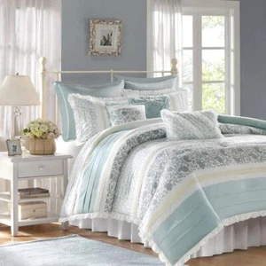 Madison Park Comforter Set Queen Cotton Percale Cottage Geometric Aqua (9-Piece) - Picture 1 of 6