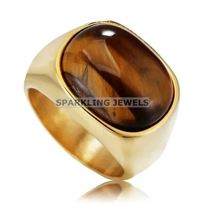 Lustrous Tiger's Eye Oval Cut With 925 Silver Gold Plated Ring For Men #C377 - Image 1 of 4