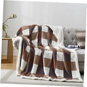 Sherpa Blanket Full/Queen Plaid Thick Bed Checkered 80"*90" Beige Check - Picture 1 of 7