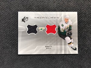 2001-02 UPPER DECK SPX BRETT HULL TREASURES HOCKEY GAME-USED DUAL JERSEY #HT-HU