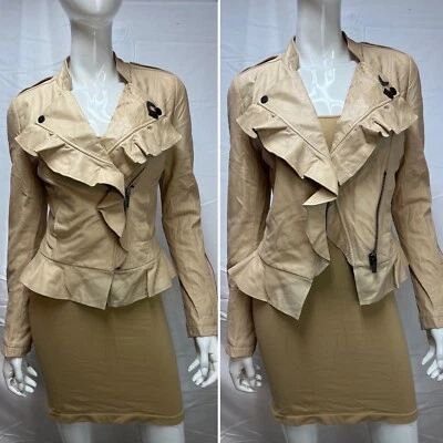 Chaqueta para mujer William Rast 100 % cuero con volantes recortada Moto S motociclista beige Foto 1 de 4