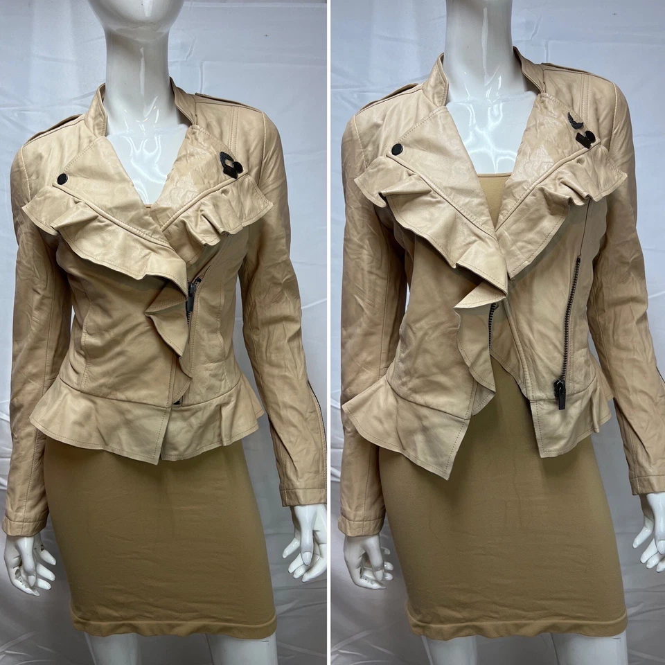 Chaqueta para mujer William Rast 100 % cuero con volantes recortada Moto S motociclista beige Foto 1 de 4