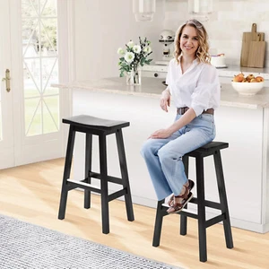 Set of 2 Wooden Bar Stools Counter Saddle Stools Barstools Kitchen Dining Chairs - Picture 1 of 8