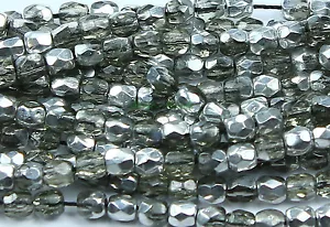 50 Black Diamond/Silver Czech Firepolish Faceted Round Glass Beads 3mm - Picture 1 of 1