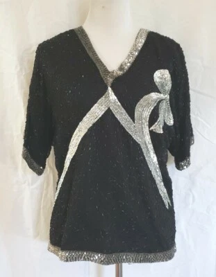 Blusa Top de Seda Laurence Kazar Vintage Años 80 Cuentas Lentejuelas Talla M/L Foto 1 de 4