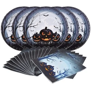 Halloween Party Supplies Anger Black Pumpkin Disposable 10 Inch Big Paper Plates - Picture 1 of 7