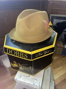 Vintage Dobbs Wool Fedora Pink & Yellow Feathers Brown Wool Original Box 7 3/8 - Picture 1 of 13