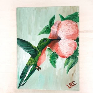 Dipinto olio vintage colibrì uccellino fiore rosa verde arte 12x16 1976 - Foto 1 di 5