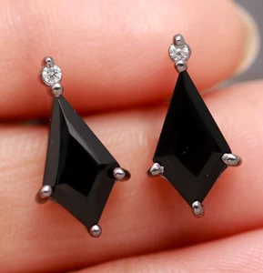 Natural Black Onyx Kite Studs Earrings Solid Silver Black Oxidized Charm Jewelry - Picture 1 of 10