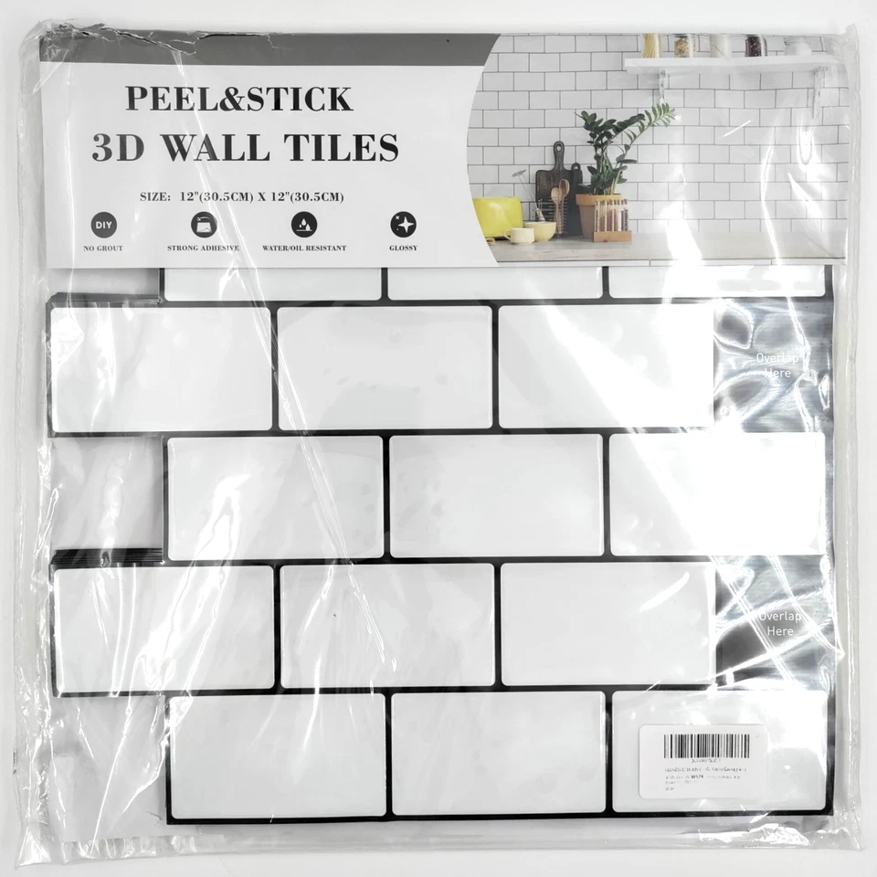 (10-Pk) Art3d Subway Tiles Peel and Stick Backsplash White 12" " A17702F