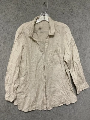 Camisa túnica beige manga enrollable con botones delanteros 100 % lino talla 2X Joie para mujer Foto 1 de 4