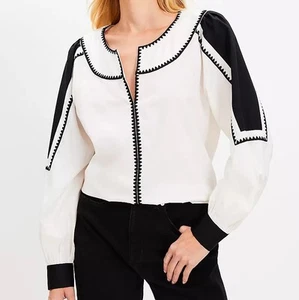 NWT Loft Colorblock Stitched Split Neck Blouse Cream And Black Size S - Picture 1 of 8